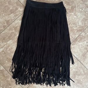 ZARA Black Fringed Midi Faux Suede Fringe Black Midi Skirt Size XS